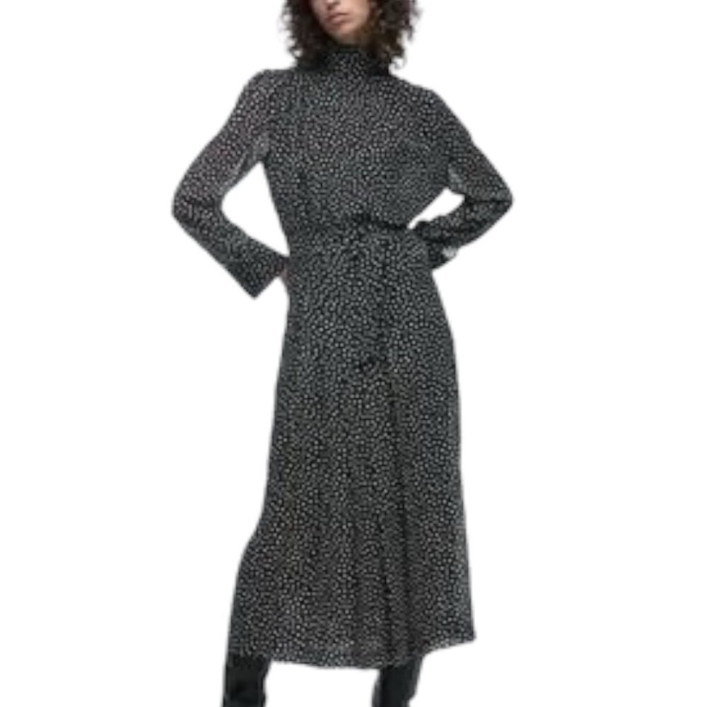 Zara Black and White Polka Dot Belted Long Sleeve High Neck Midi Dress Size XL